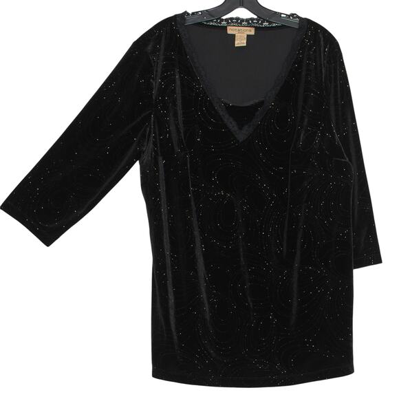 Notations Top 3/4 Sleeve Velvet Glam Goth Classic Sparkly Lace Trim Black 1X - Picture 5 of 5